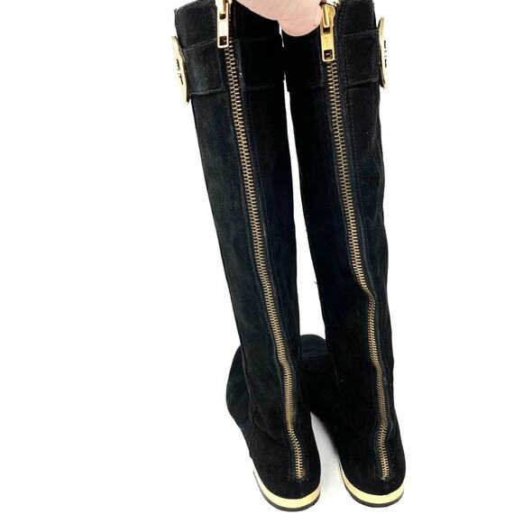 Tory Burch Black Suede Knee-High Riding Boots 7.5 Gold Logo Detail - Picture 4 of 9